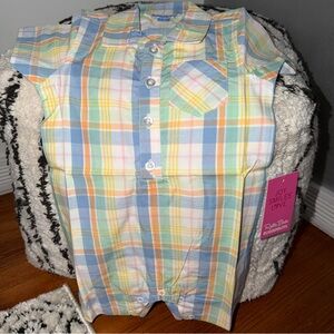 RuggedButts Plaid Romper 12-18M Rainbow Pastel Button Up Easter Spring Summer